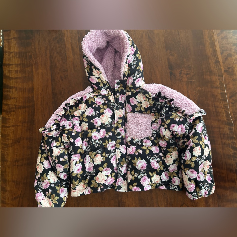 For Love And Lemons Floral Puffer Jacket Sherpa Accents - Picture 2 of 4